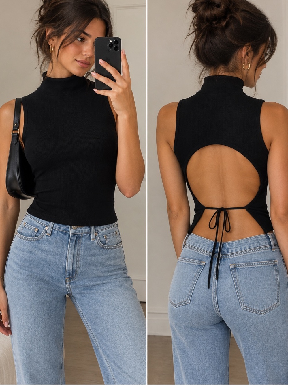 Tiger Mist Helena Black Open Back Tie Knit Mock Neck Top NWT XS
